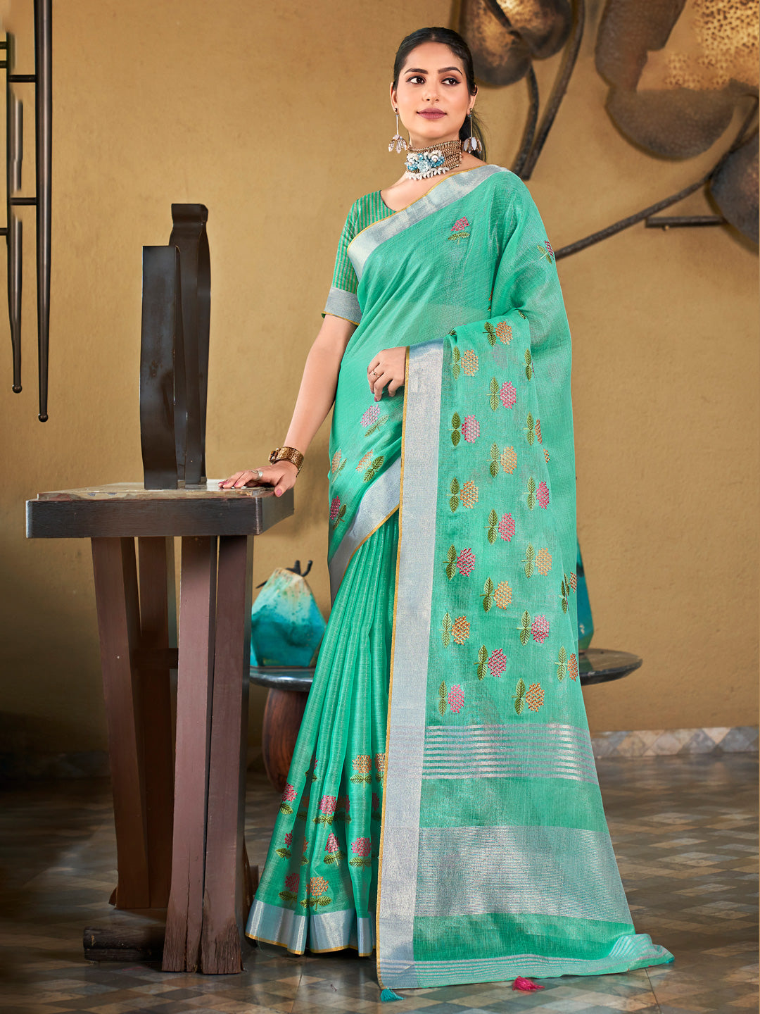 Sea Green Linen Saree