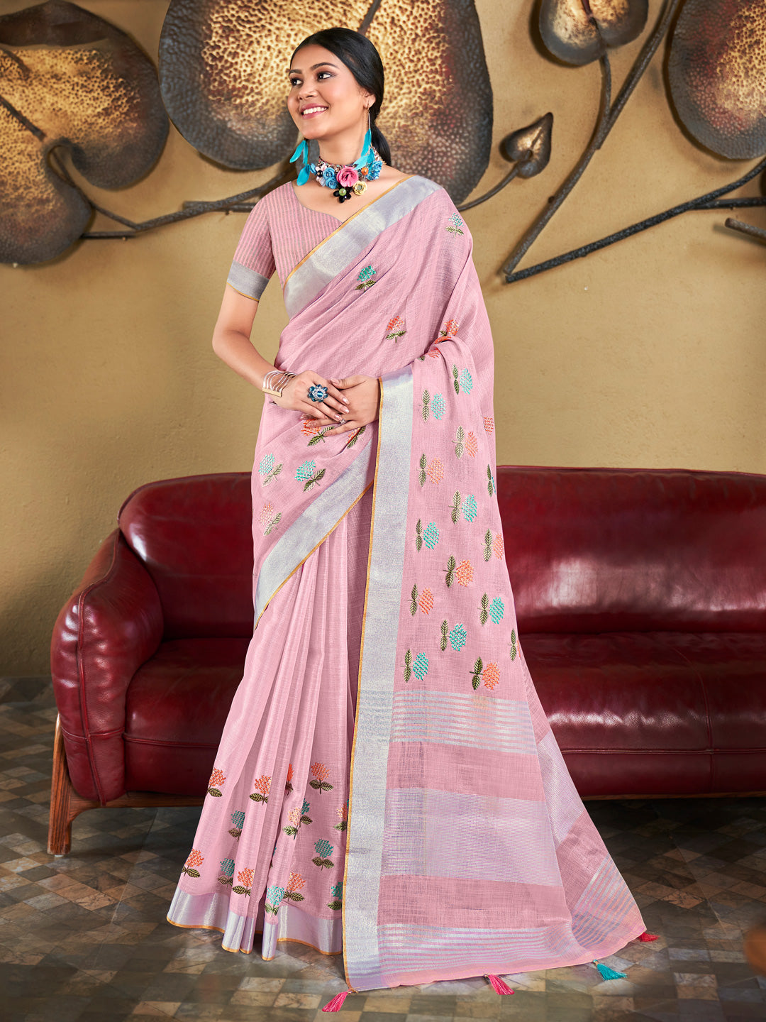 Sangam Light Pink Linen Saree