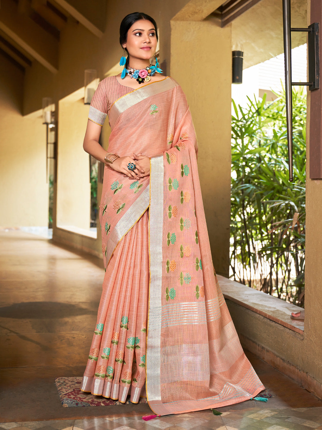 Sangam Peach Linen Saree