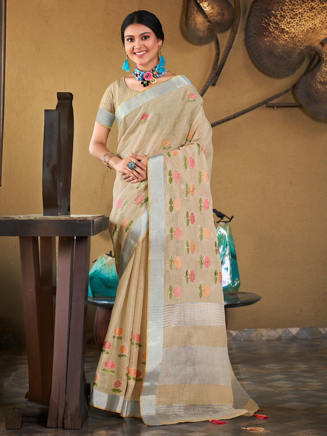 Sangam Mellow Yellow Linen Saree