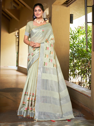 Sangam Pearl Gray Linen Saree