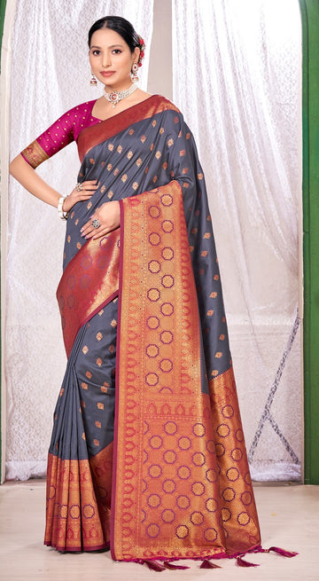 Sangam Gray Banarasi Silk Saree