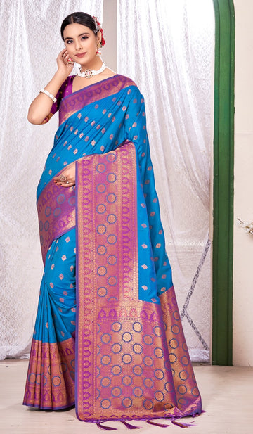 Sangam Olympic Blue Banarasi Silk Saree