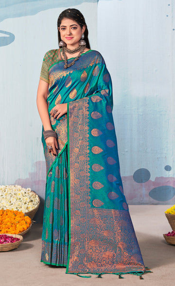 Sangam Olympic Blue Banarasi Silk Saree