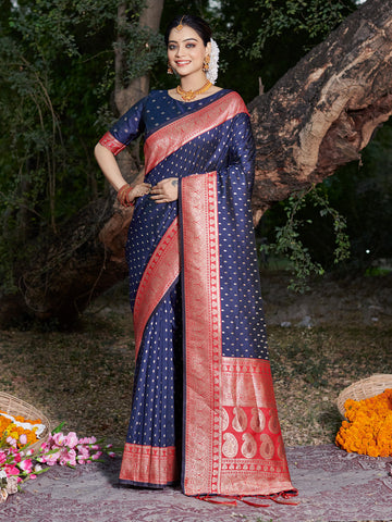 Sangam Navy Blue Banarasi Silk Saree