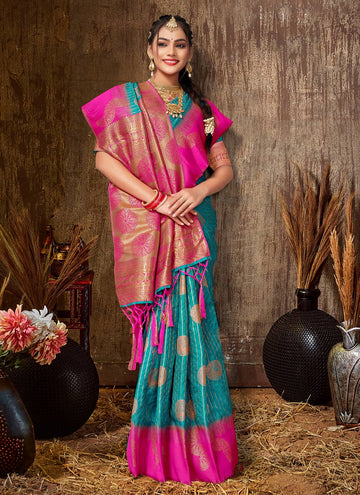 Sangam Cyan Blue Silk Saree