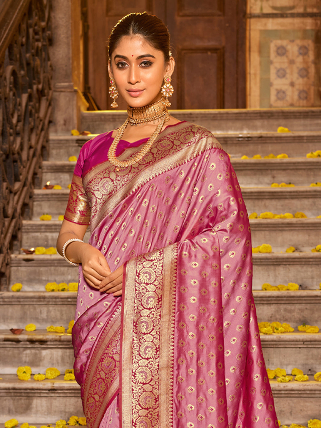 Sangam Light Pink Banarasi Soft Silk Saree