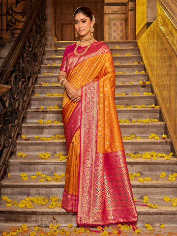 Mustard Yellow Woven Banarasi Silk Saree With Tassels