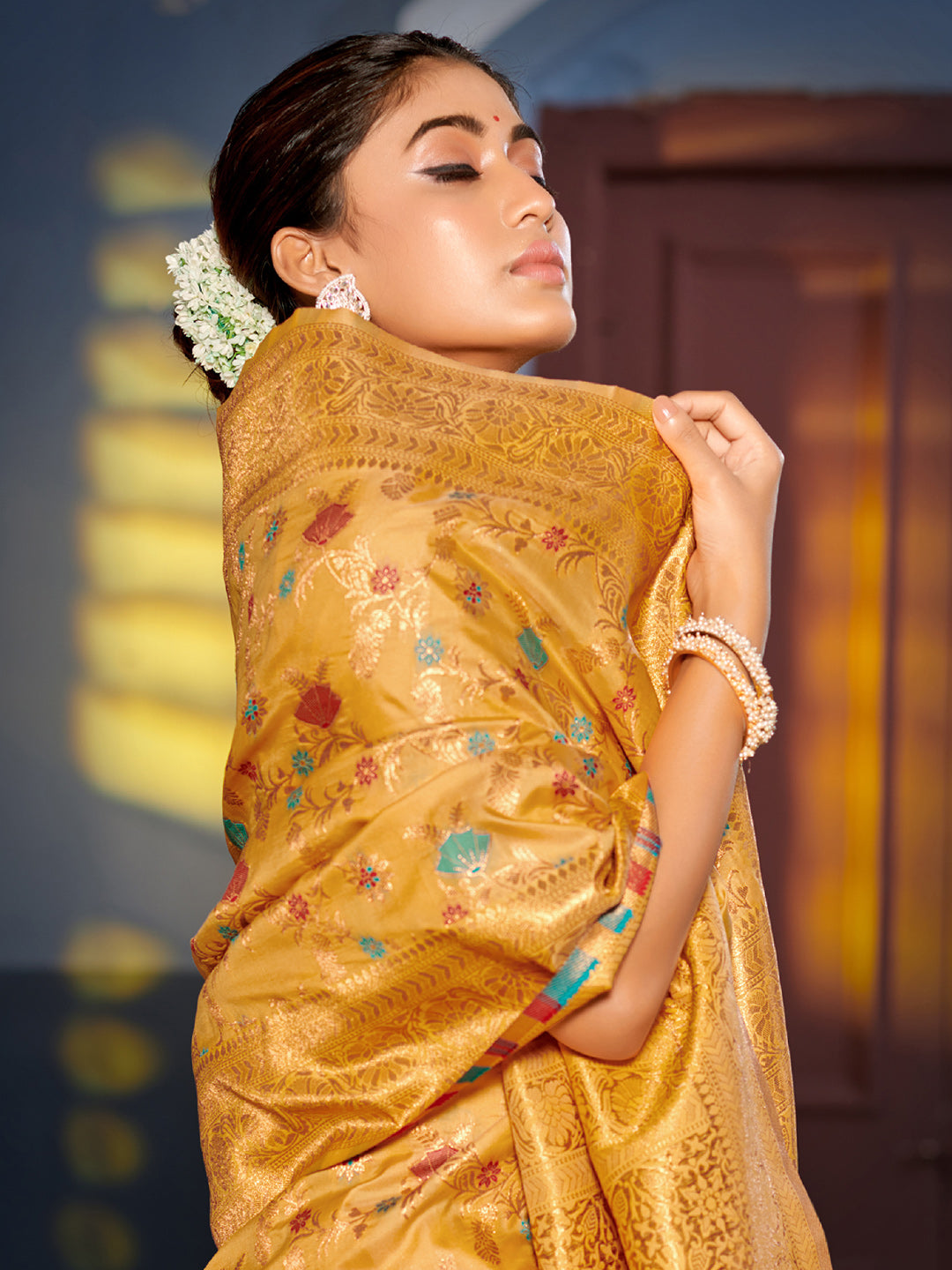 Sangam Mustard Yellow Banarasi Silk Saree