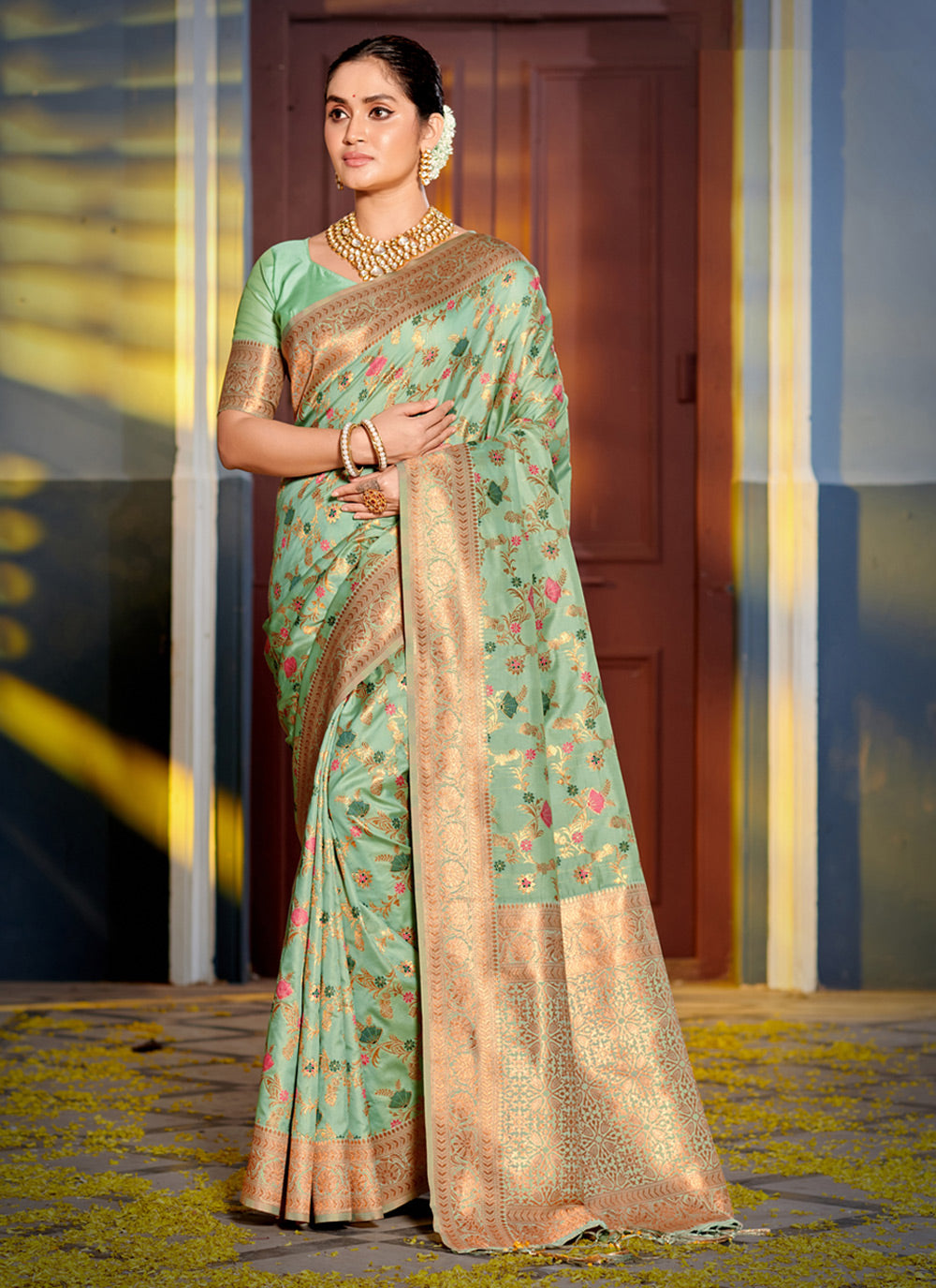 Mint Green Floral Woven Work Banarasi Silk Saree With Tassels