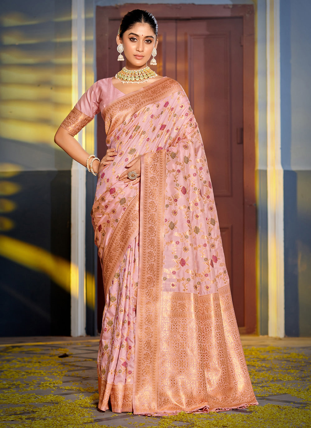 Light Pink Floral Woven Work Banarasi Silk Saree With Tassels