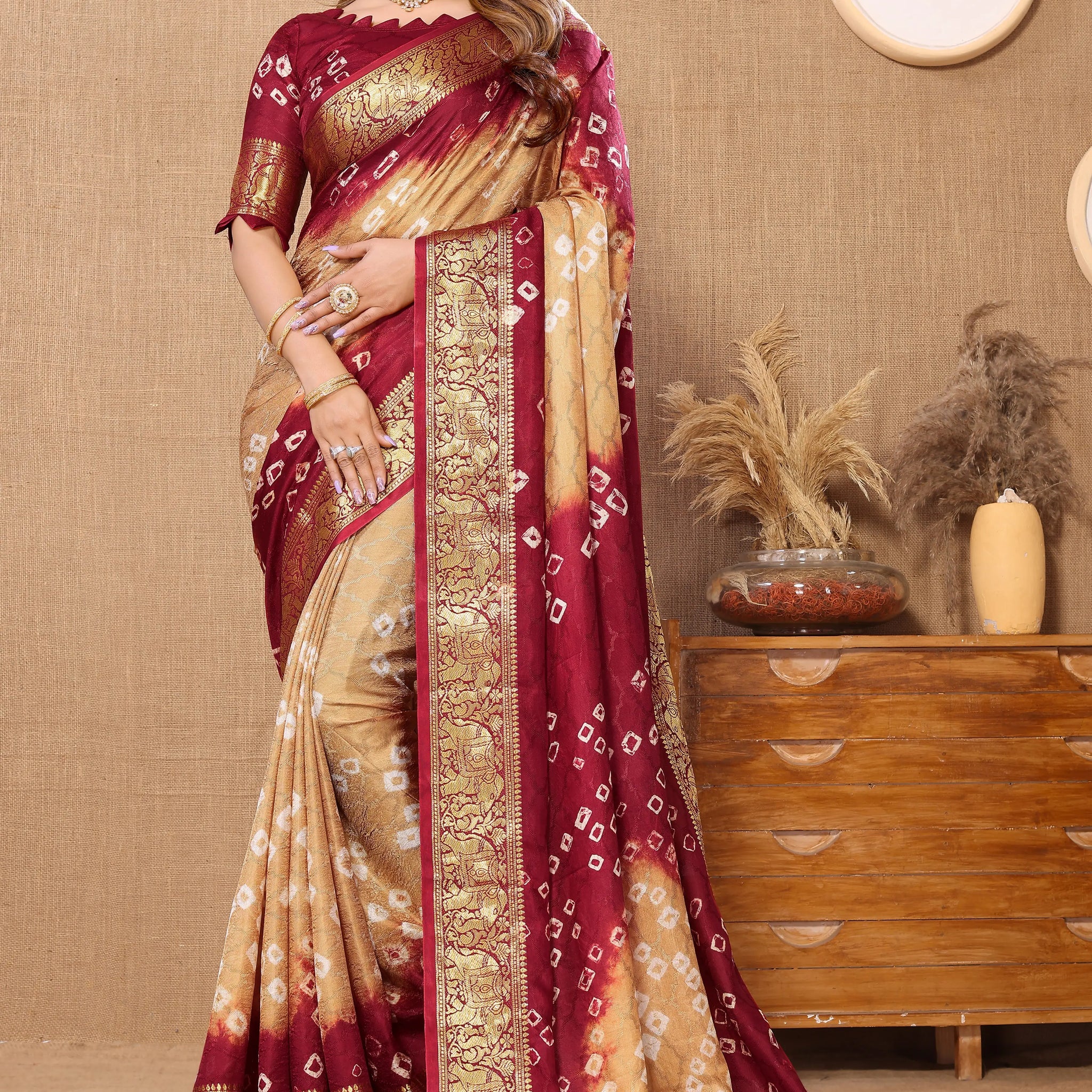 Beige & Maroon Viscose Art Silk Saree