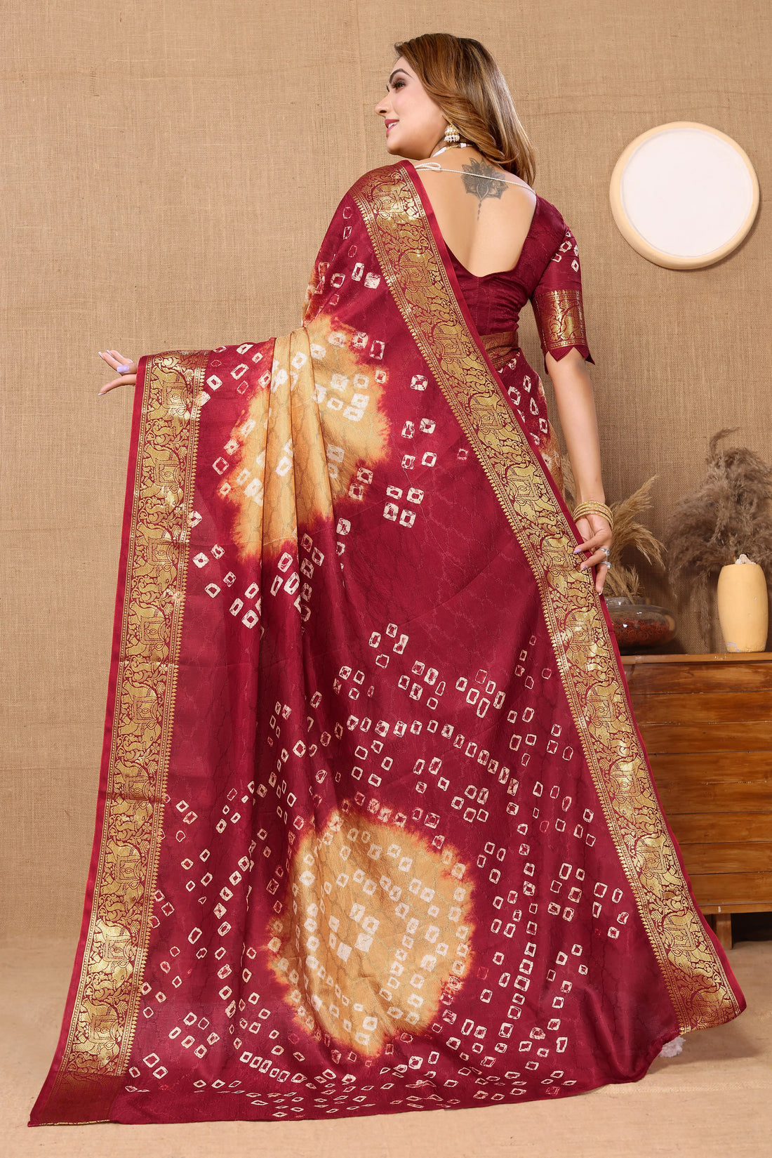 Beige & Maroon Viscose Art Silk Saree