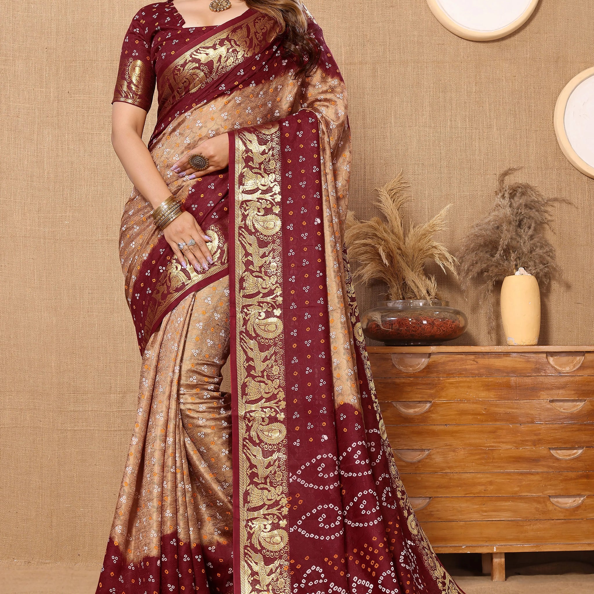 Beige Viscose Art Silk Saree