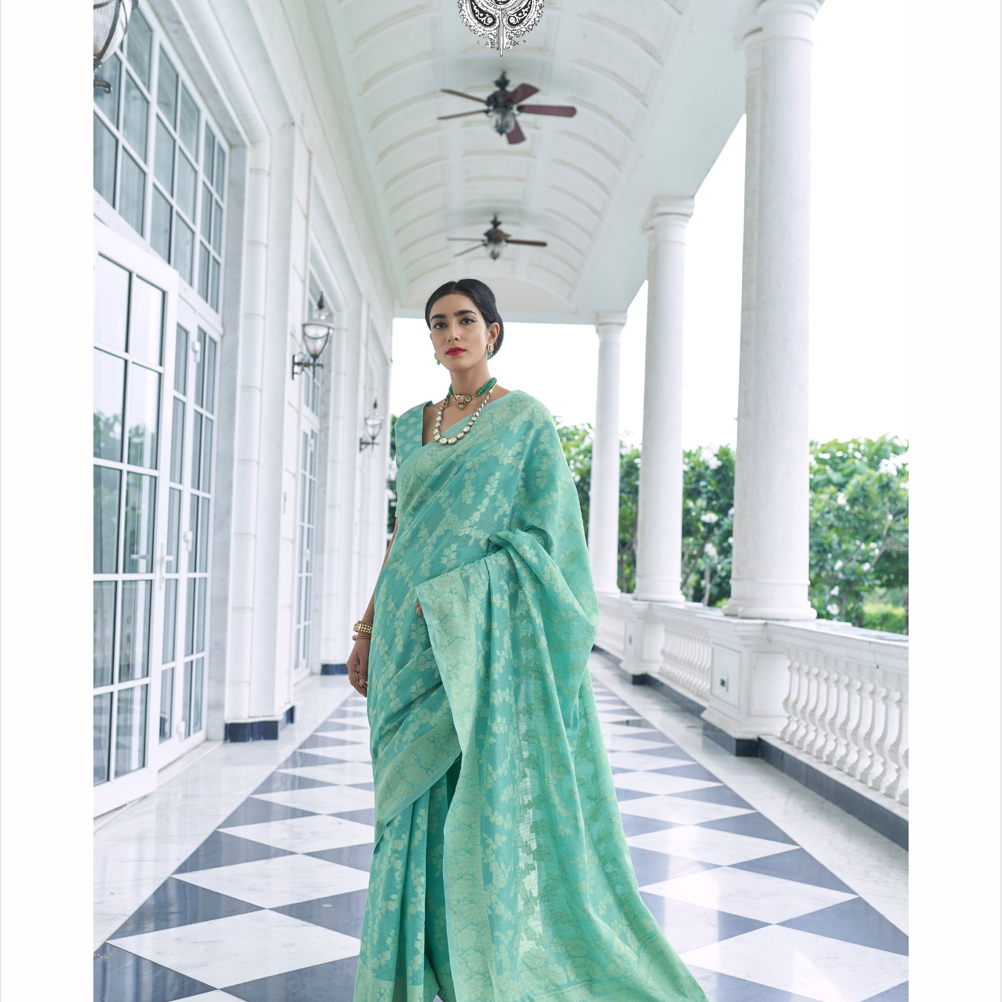 Cyan Green Chickankari Weaving Saree