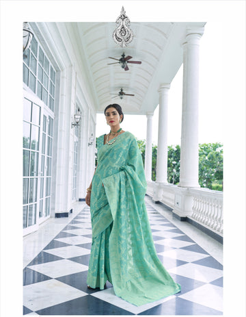 Cyan Green Chickankari Weaving Saree