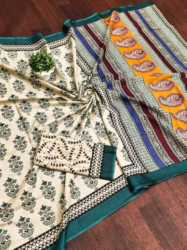 Green Ajrakh Design Mulmul Cotton Saree