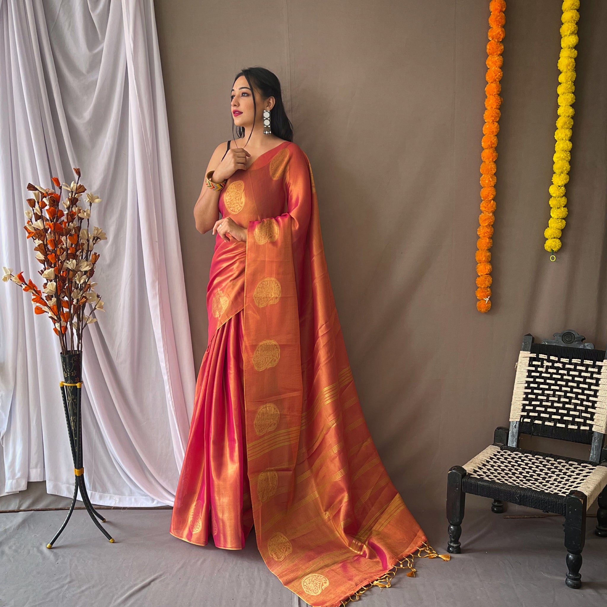 Dark Pink Tissue Silk Saree