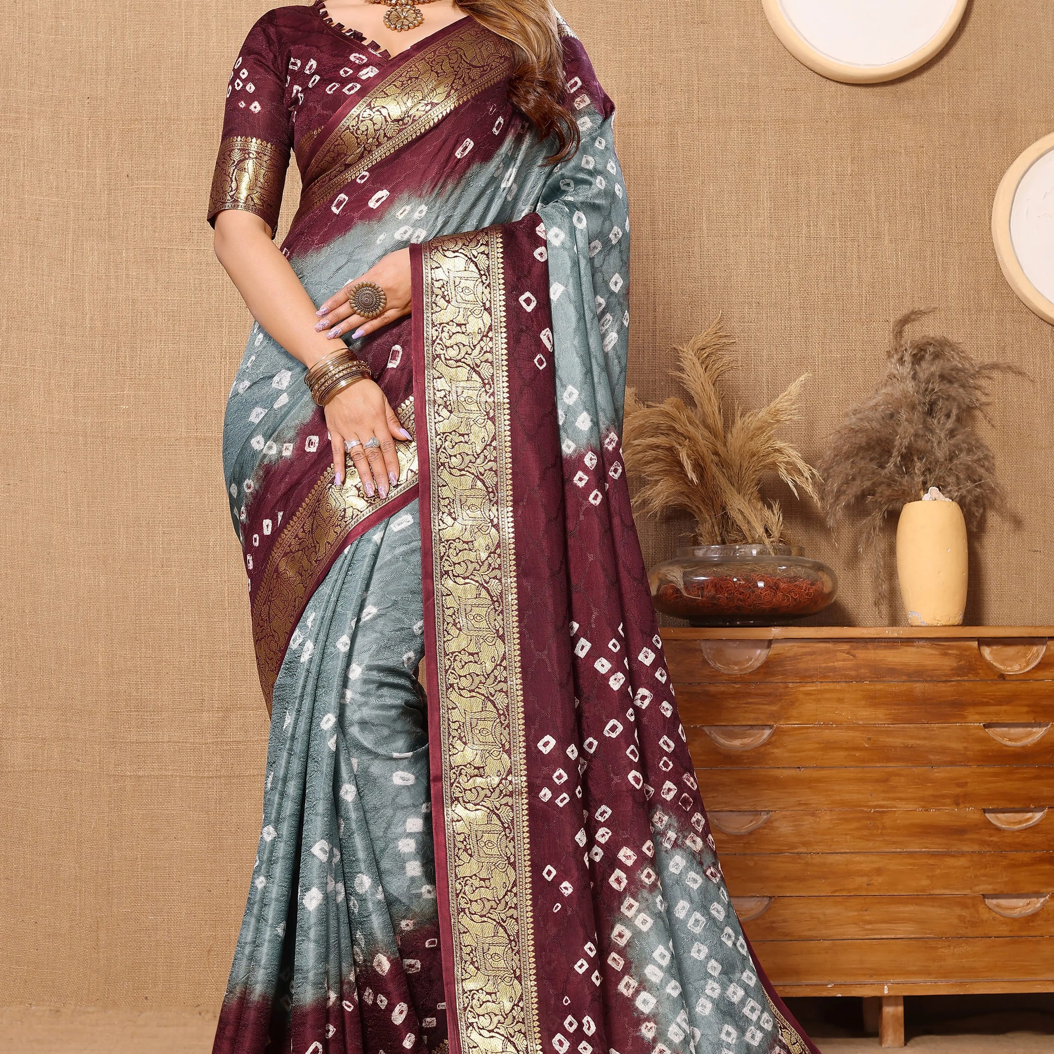 Gray & Maroon Viscose Art Silk Saree