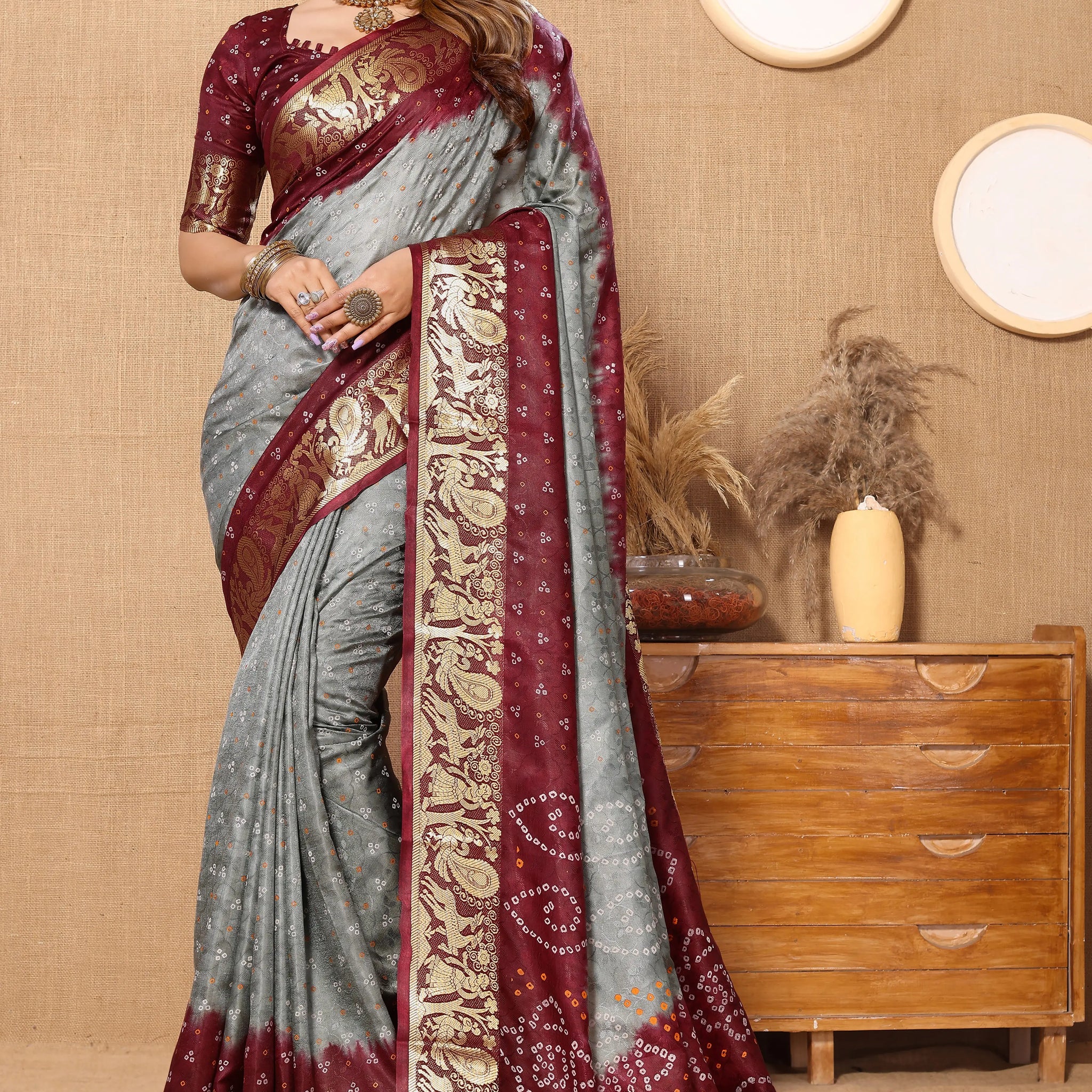 Gray Viscose Art Silk Saree