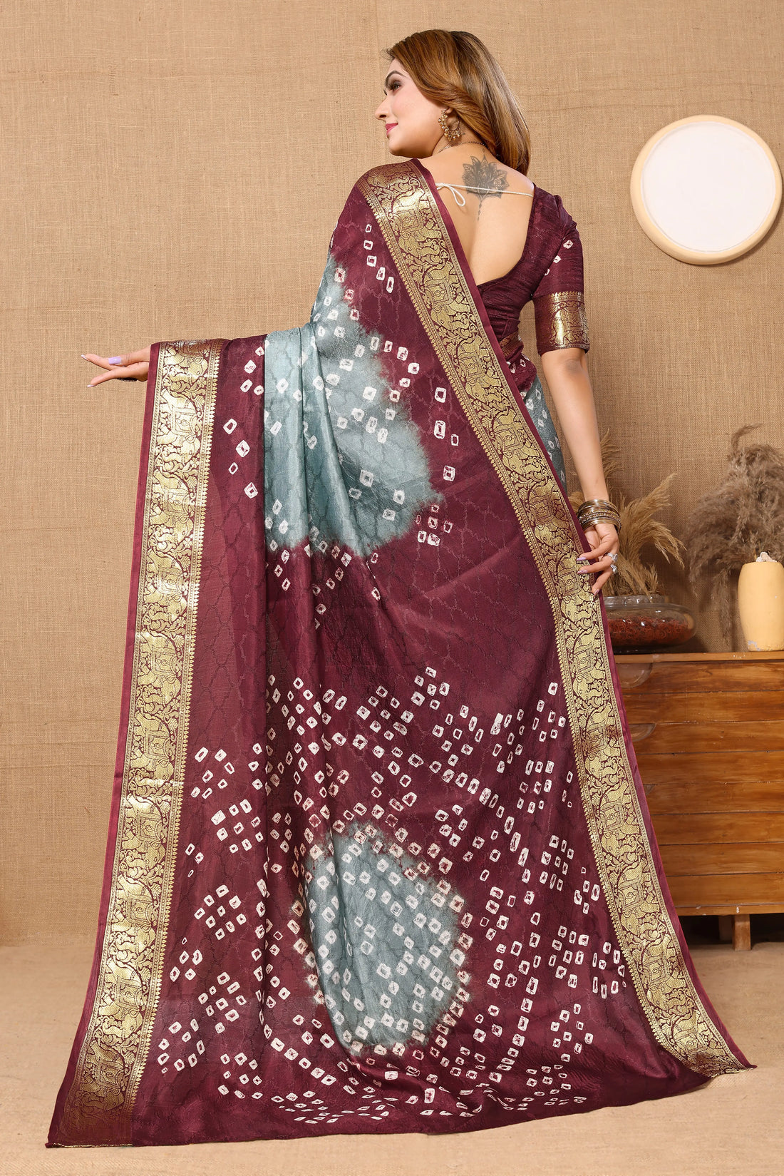 Gray & Maroon Viscose Art Silk Saree