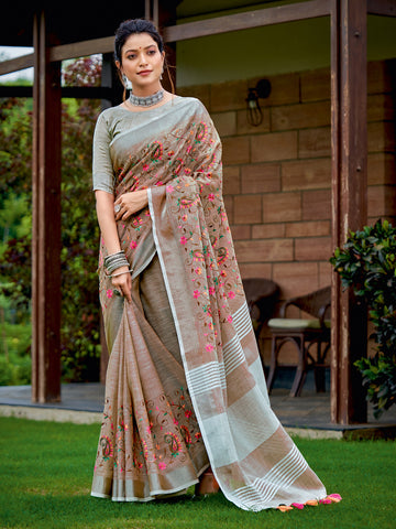 Sangam Brown Linen Saree