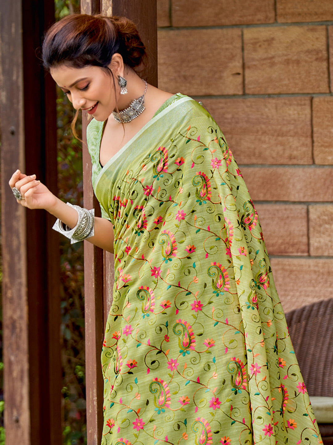 Yellow Green Linen Saree