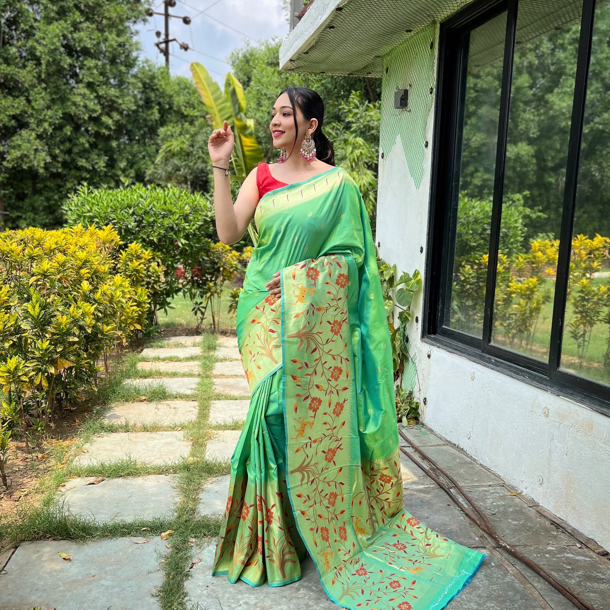 Lime Green Paithani Silk Saree