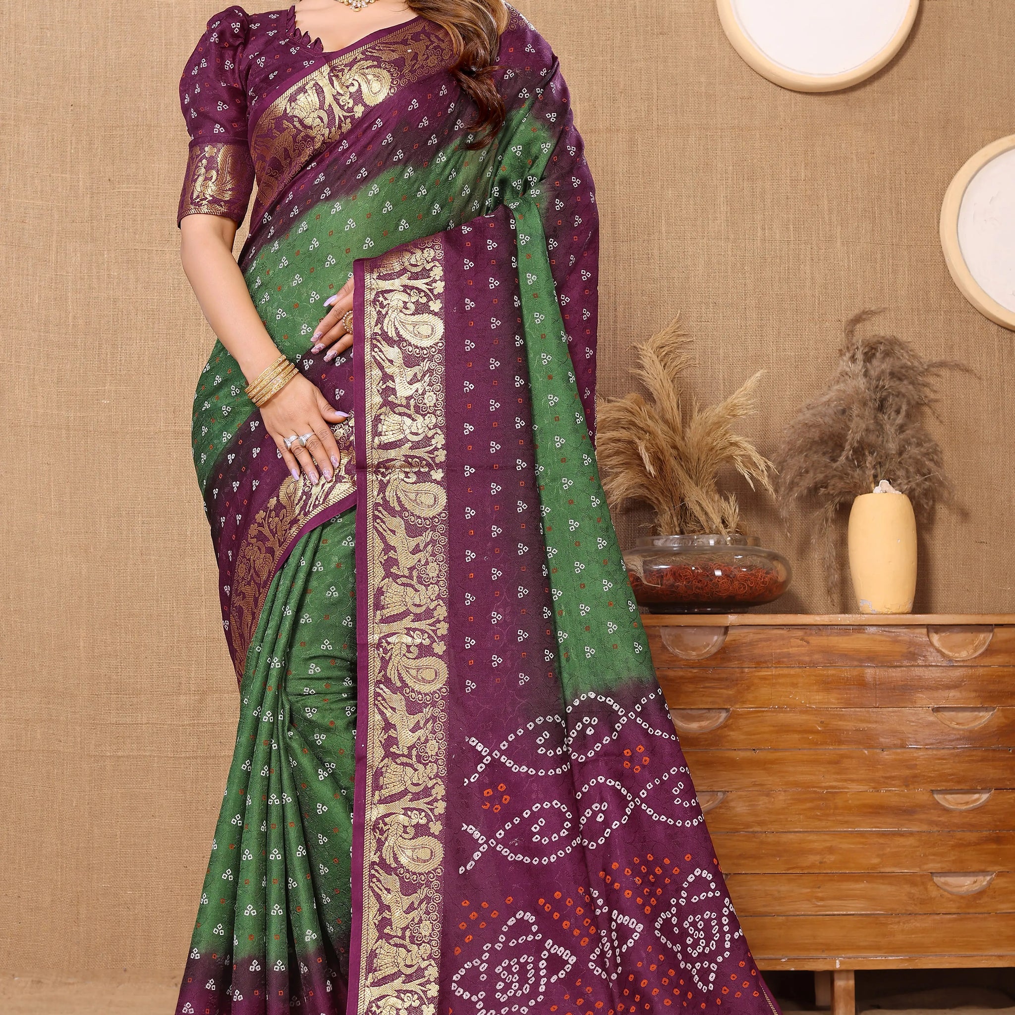 Green & Wine Viscose Art Silk Saree