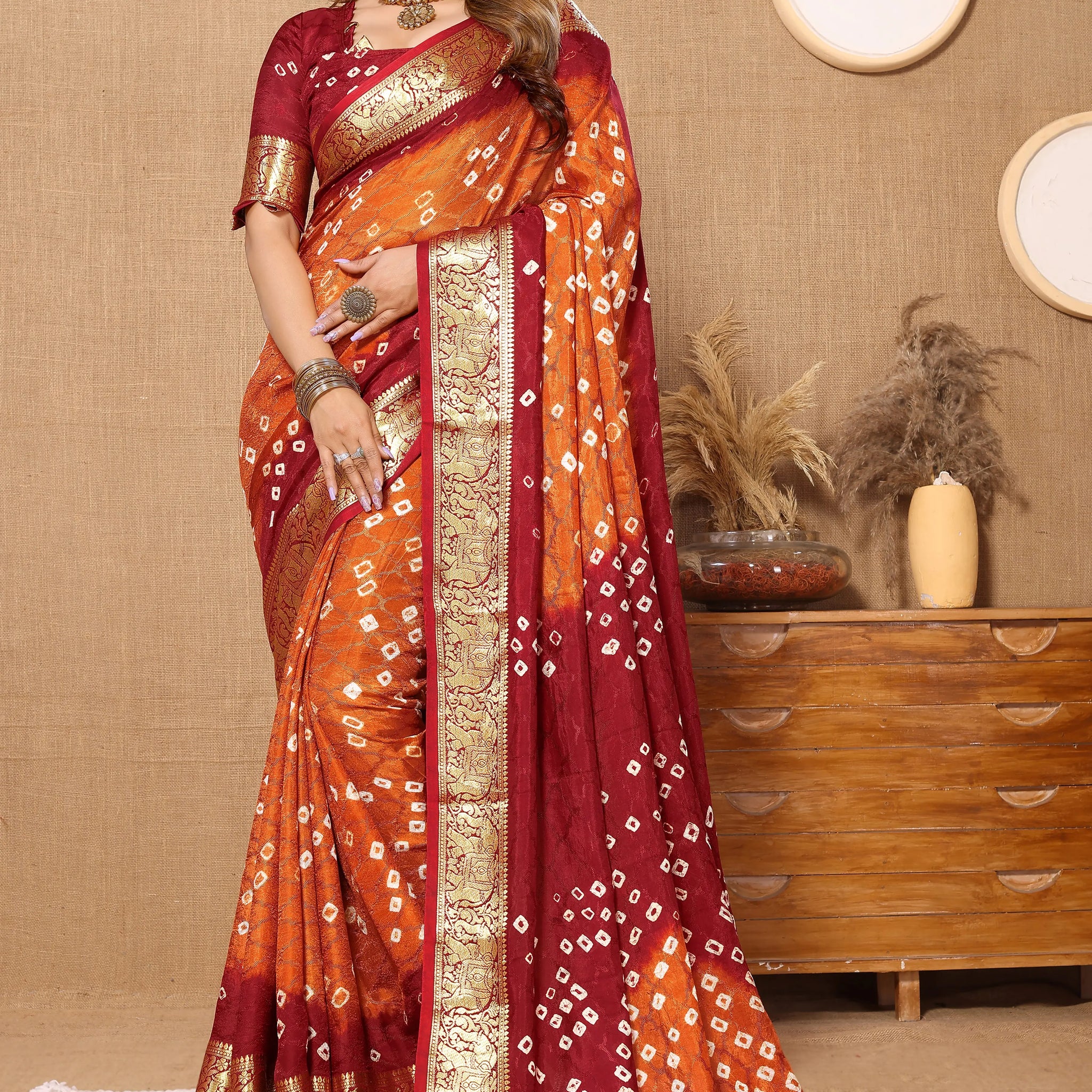 Orange & Maroon Viscose Art Silk Saree