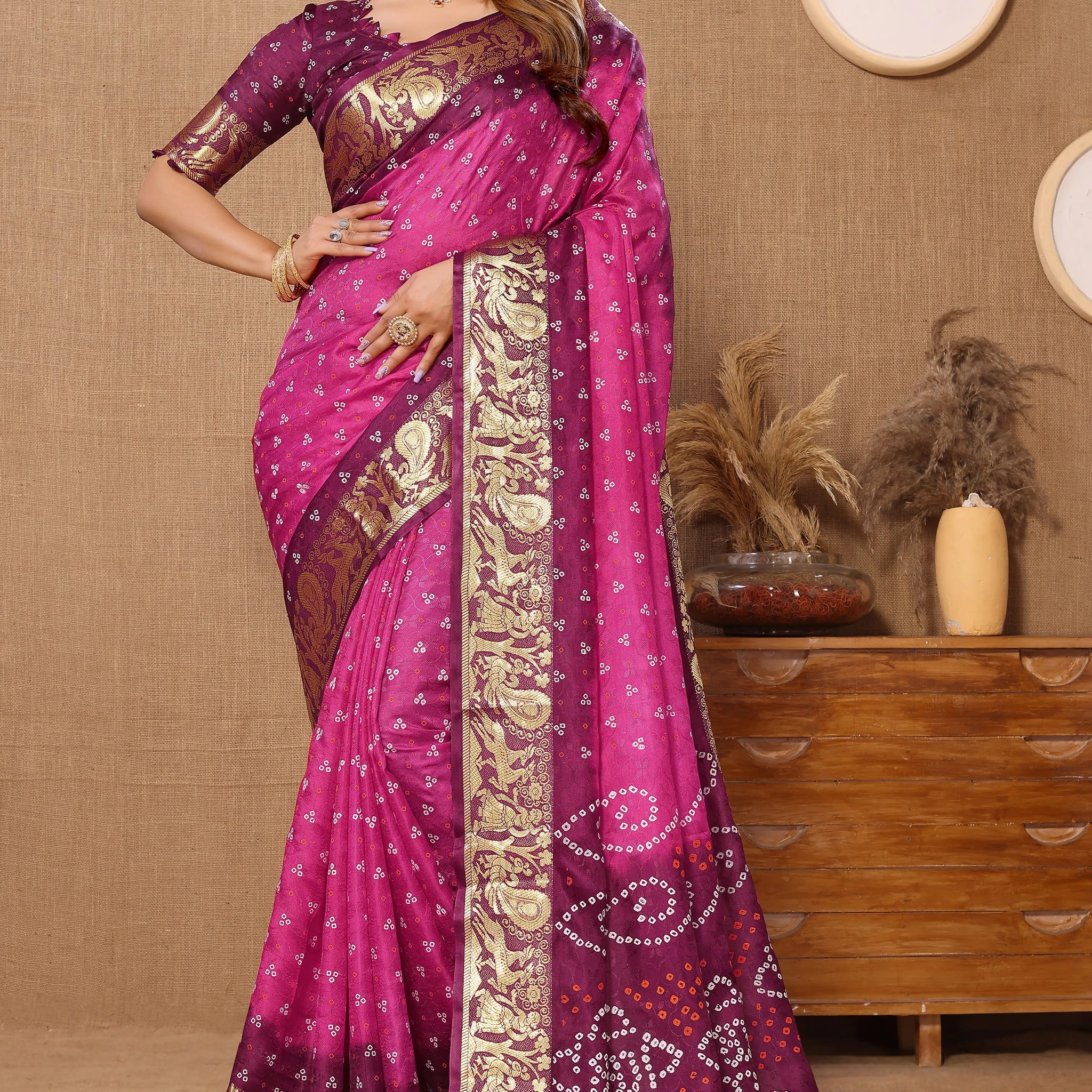 Magenta Pink Viscose Art Silk Saree