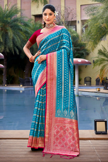 Cyan Blue Banarasi Silk Saree