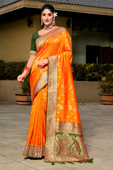 Orange Banarasi Silk Saree