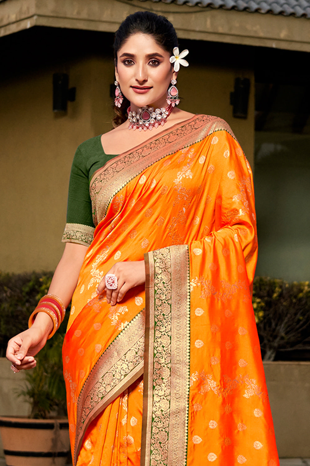 Orange Banarasi Silk Saree