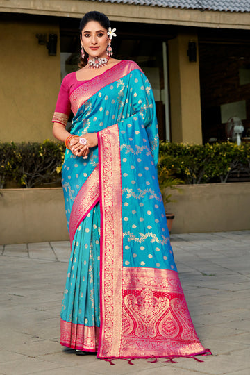 Sangam Cyan Blue Banarasi Silk Saree