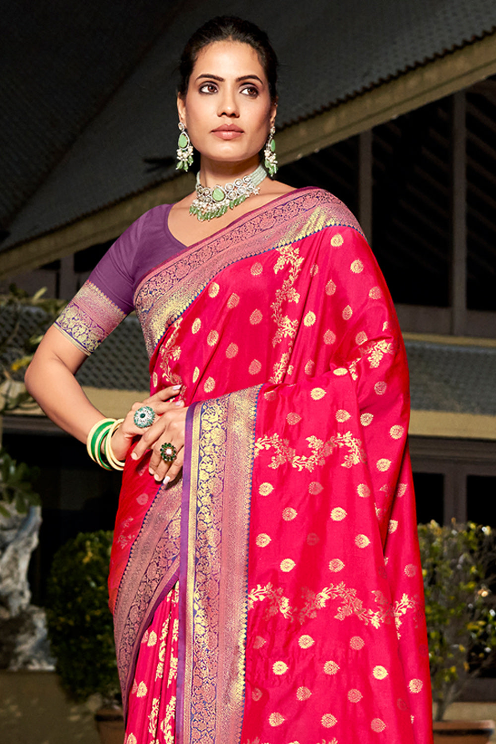 Magenta Pink Banarasi Silk Saree