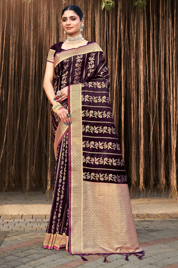 Sangam Wine Satin Silk Saree