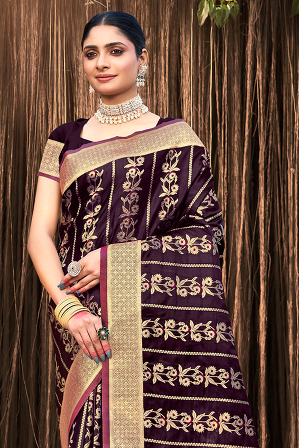 Sangam Wine Satin Silk Saree