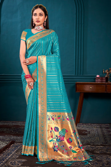 Sangam Sky Blue Paithani Silk Saree