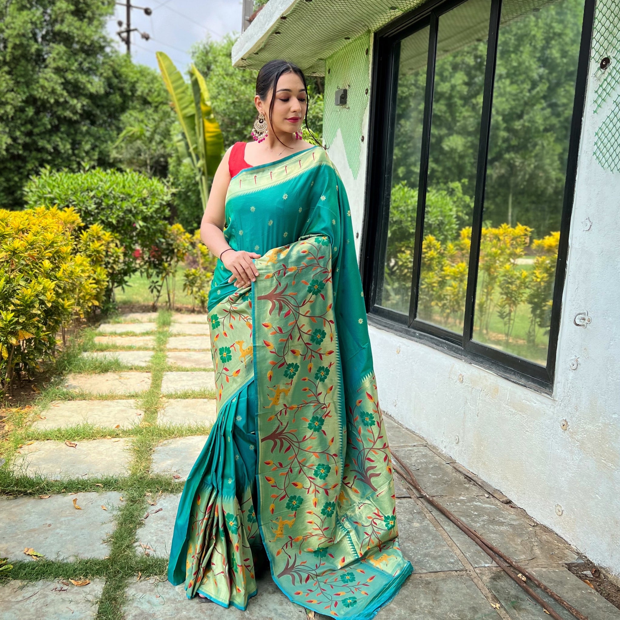 Cyan Green Paithani Silk Saree