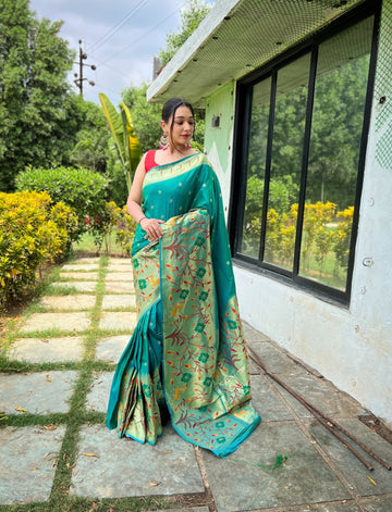 Cyan Green Paithani Silk Saree