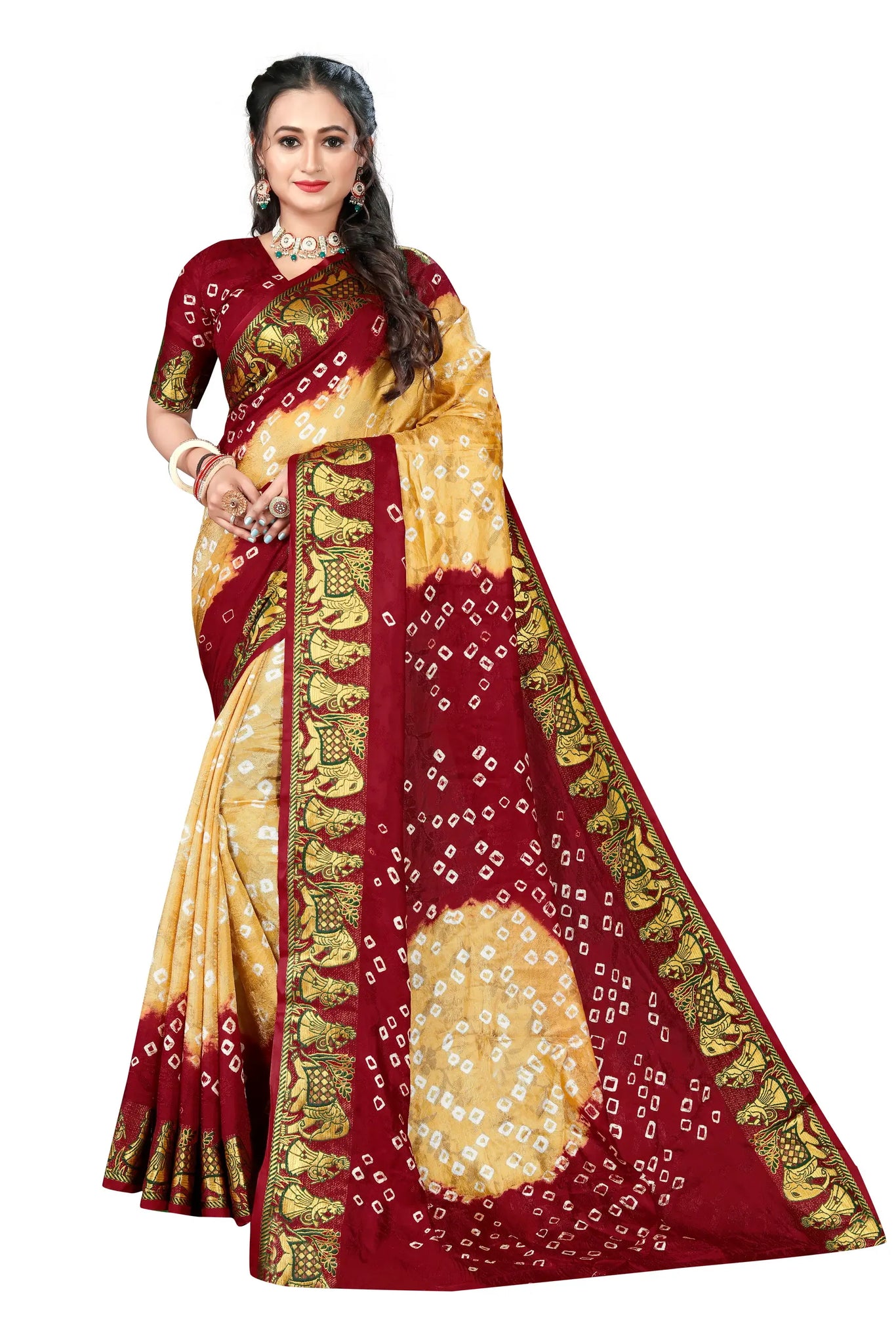 Beige & Maroon Viscose Art Silk Saree