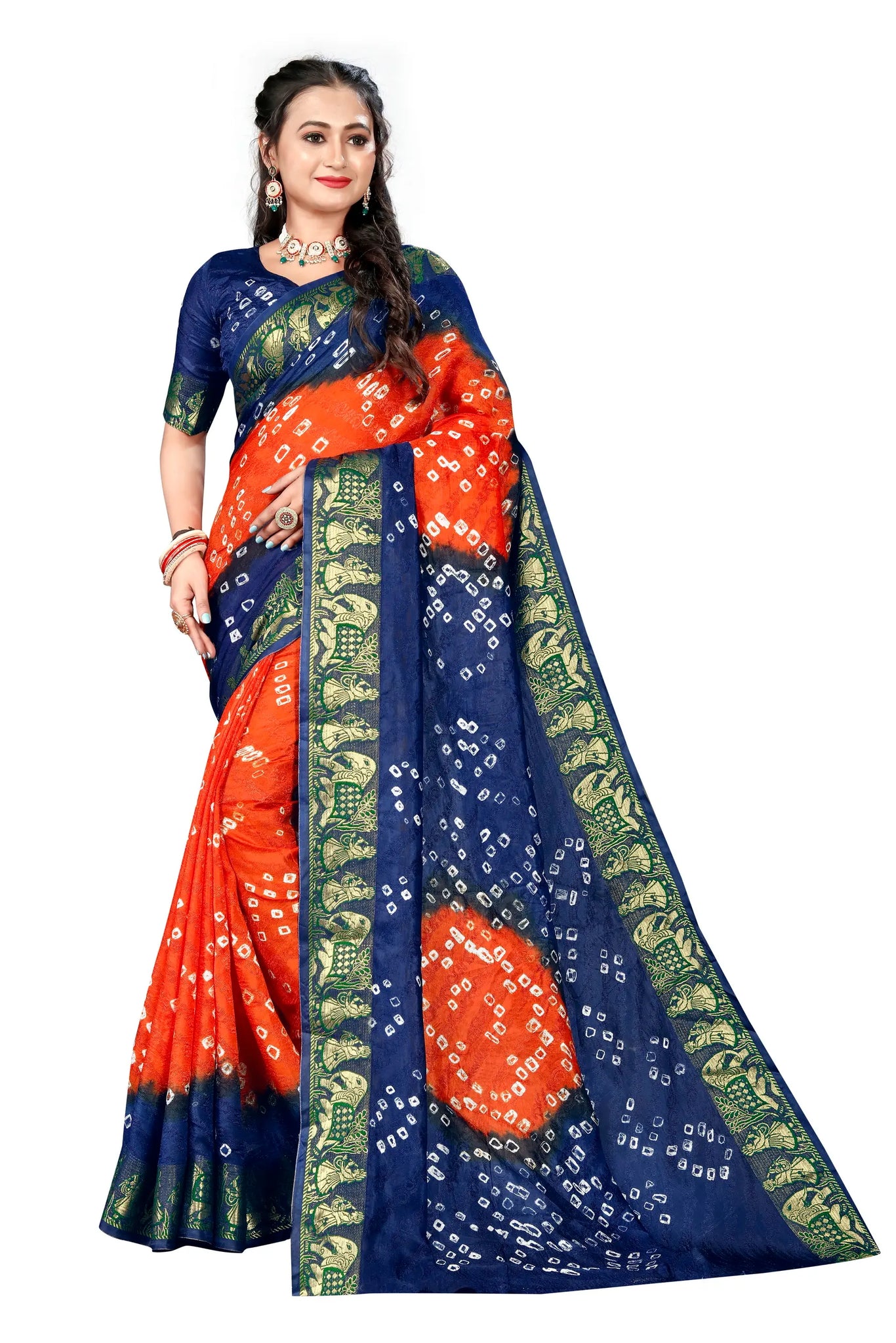 Blue & Orange Viscose Art Silk Saree