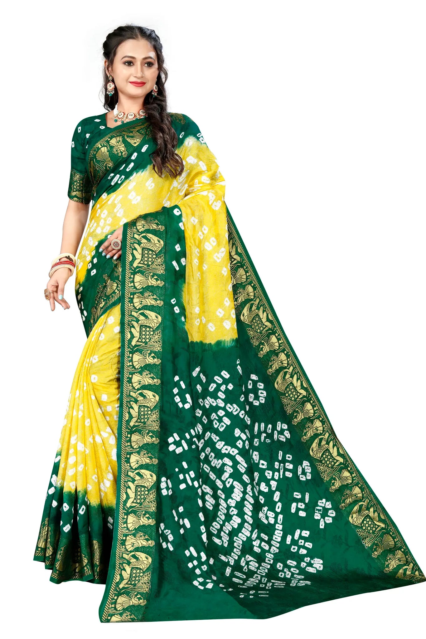 Yellow & Green Viscose Art Silk Saree