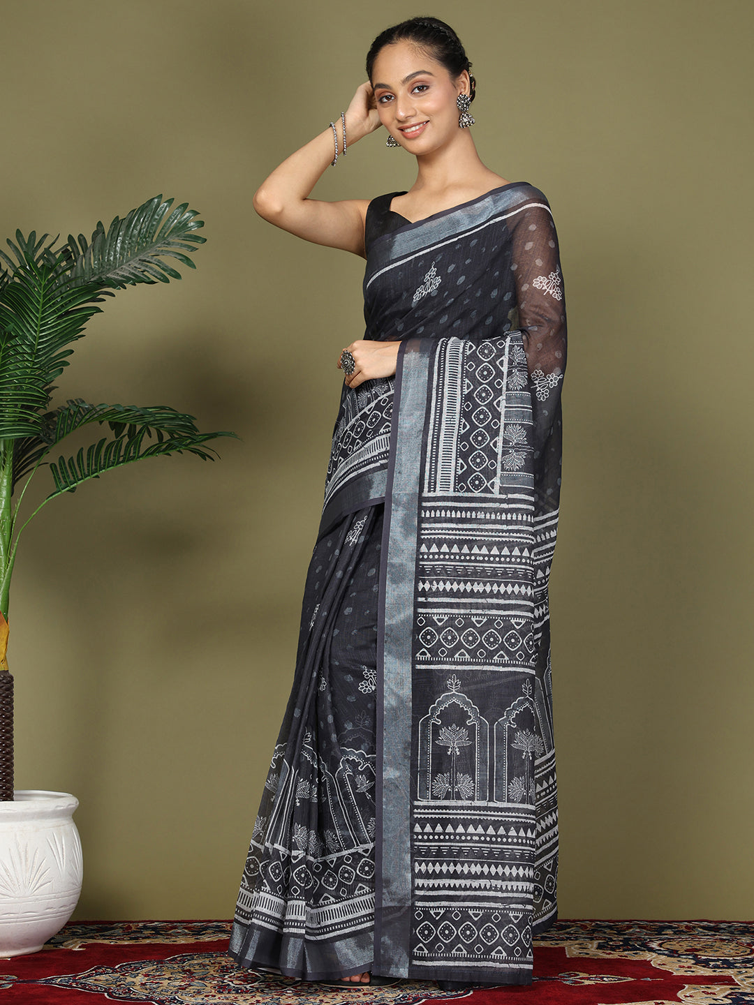Pre Draped Black Cotton Saree
