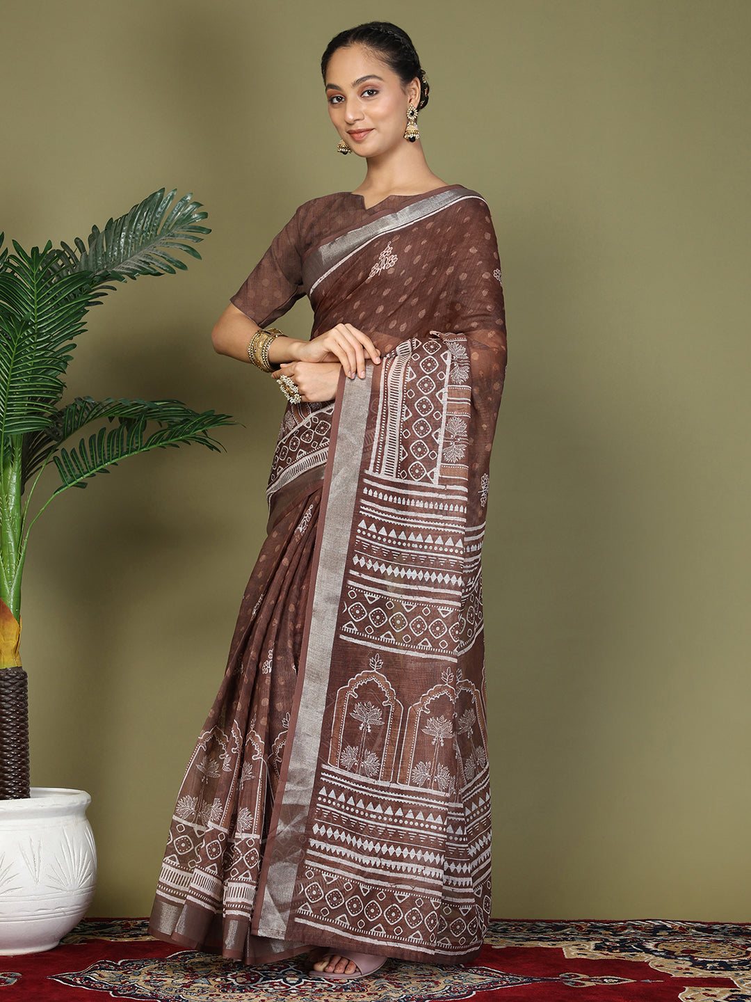 Pre Draped Brown Cotton Saree
