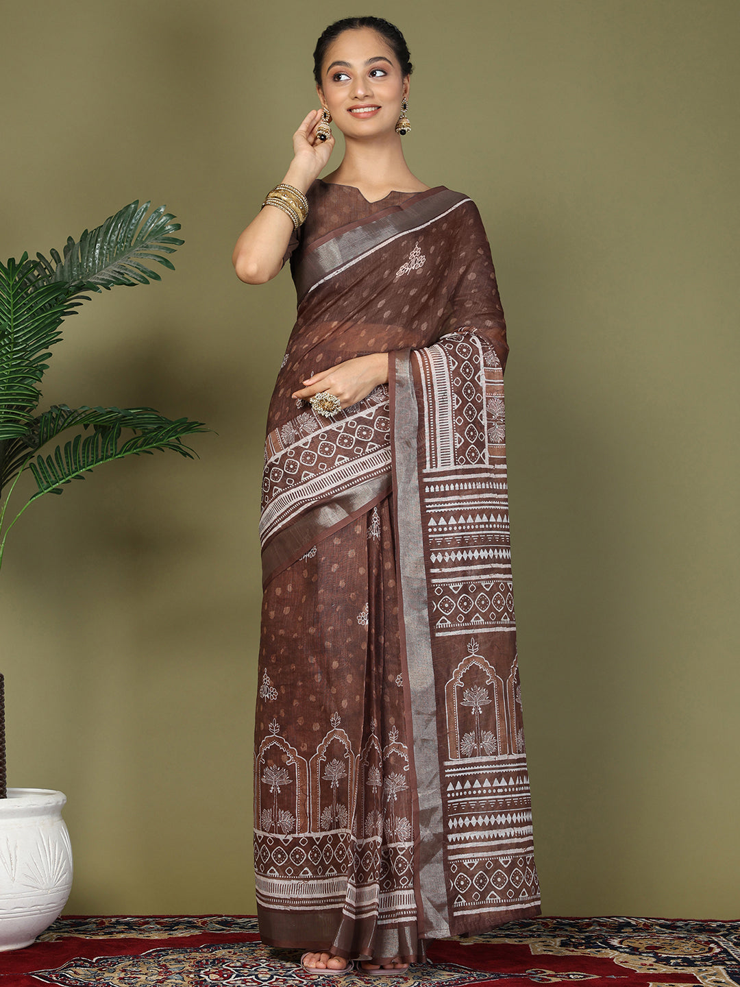 Pre Draped Brown Cotton Saree