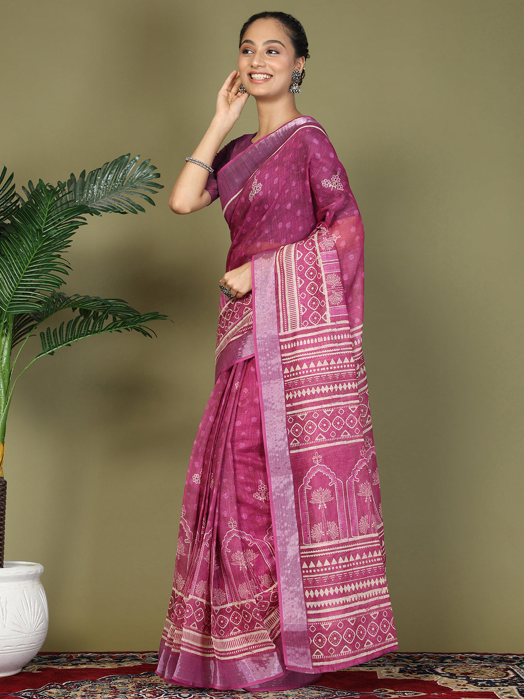 Pre Draped Magenta Cotton Saree