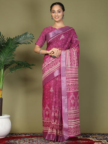 Pre Draped Magenta Cotton Saree