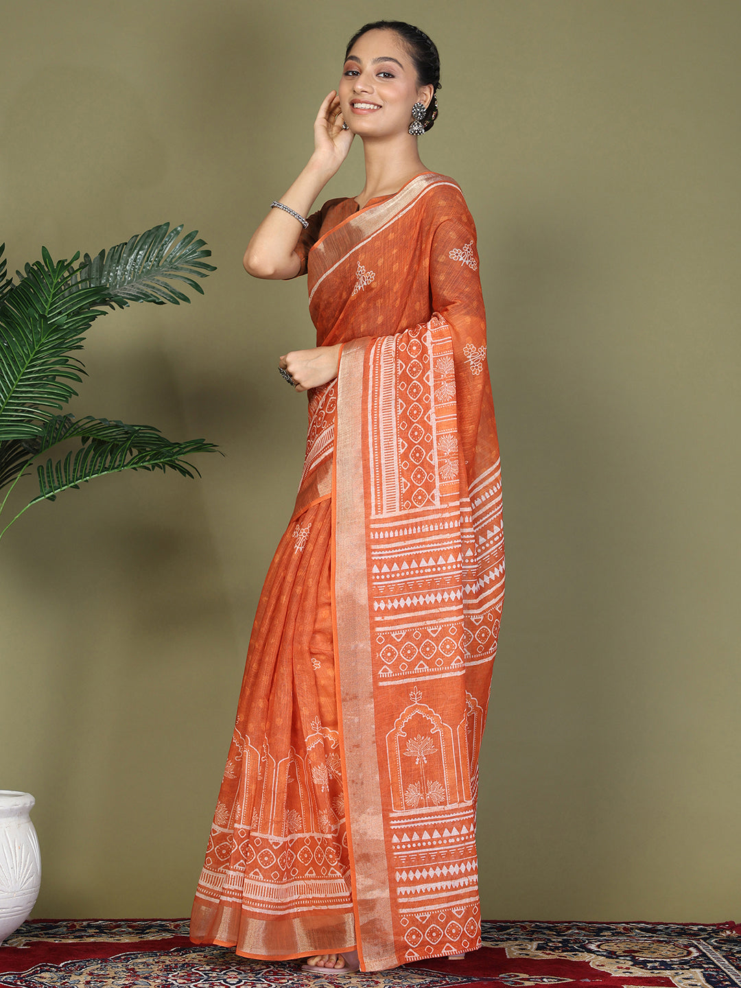 Pre Draped Orange Cotton Saree